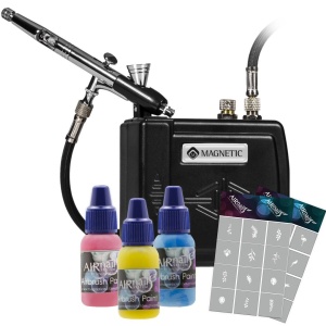 Airnails Compleet pakket 1 compressor 1 pistool 1 spray out jar 2 sjablonen 1 lays 7 x verf 1x brush 1 needle pen 1 paper palet