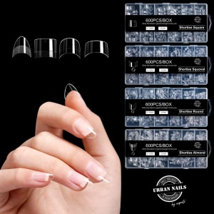 Urban nails tip box Clear Shorties: Almond-Round-Square-Squoval 4 dozen 600 pcs per box 12 sizes